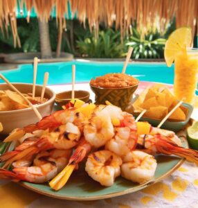 Coconut shrimp, pineapple skewers, and mango salsa with tortilla chips